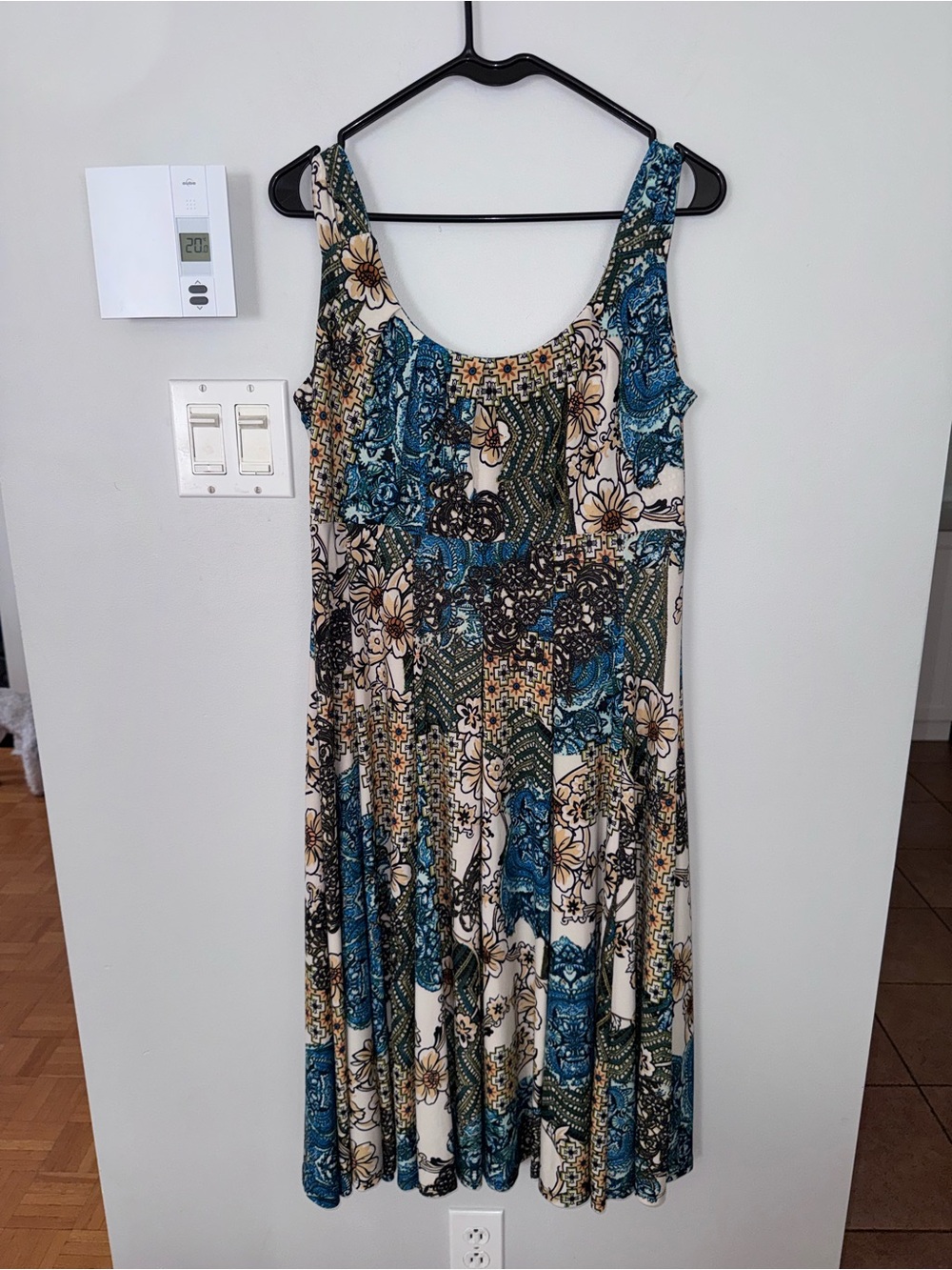 Carina Sleeveless Floral Patchwork Midi Dress in Teal & Cream